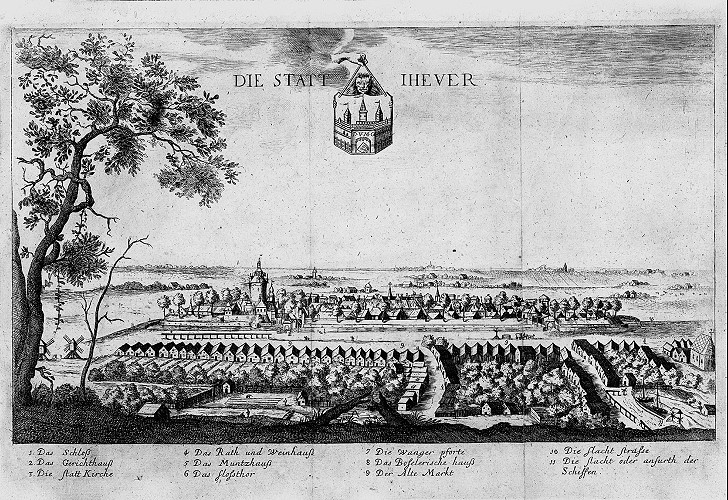 Stadtansicht Jever, Radierung, Heinrich van Lennep aus der Chronik „Oldenburgische Friedens- und der benachbarten Oerter Kriegshandlungen“ von Johann Just Winkelmann, 1671.